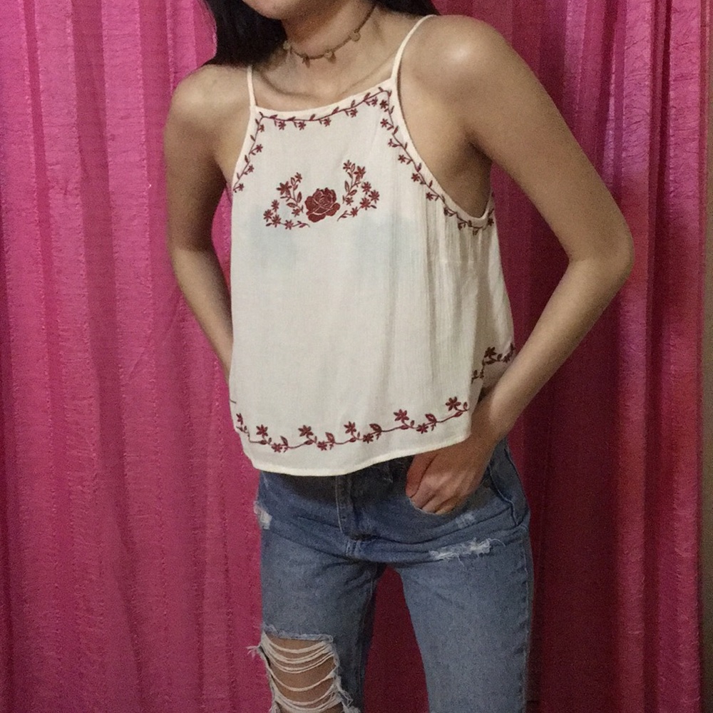 Cream Maroon Embroidered Tank Tie Back